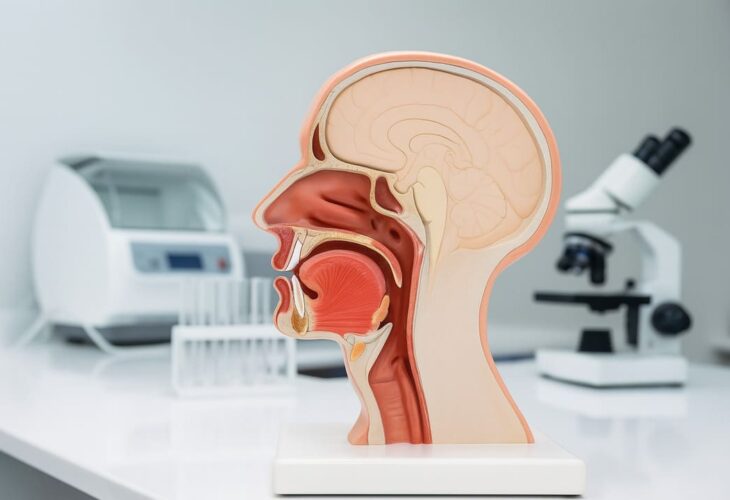 Human anatomical head model showing the oral cavity and internal digestive structures. Illustrates the function of the oral cavity in the digestive system.